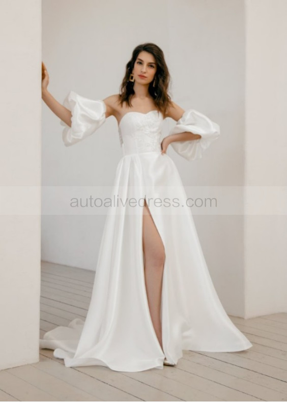 Strapless Ivory Satin Lace Wedding Dress With Detachable Sleeves